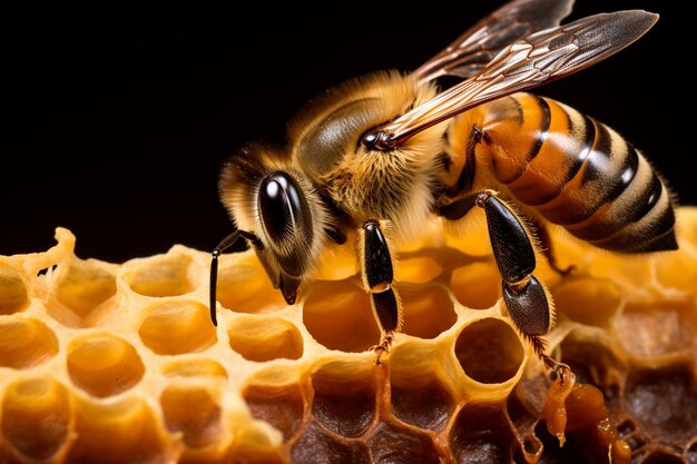 Close up honeycomb with bee and honey