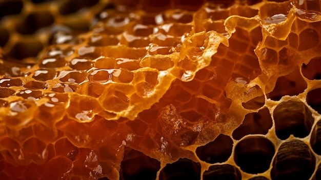 A close up of a honeycomb with the word honey on it