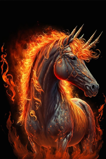 Close up of a horse on a fire background generative ai