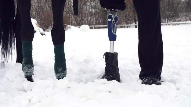 Photo close-up horse legs rewound with bandage and male legs of a disabled rider