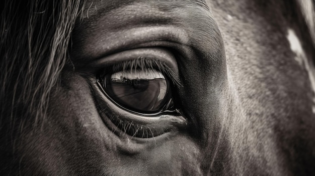 A close up of a horse's eye with a black background