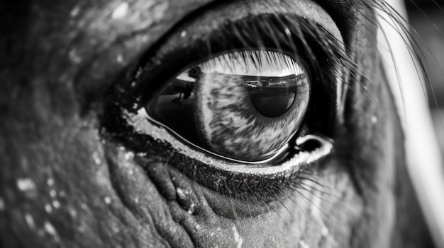 A close up of a horse's eye with a black and white background.