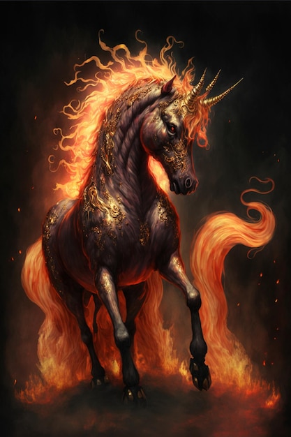 Close up of a horse with a fire mane generative ai