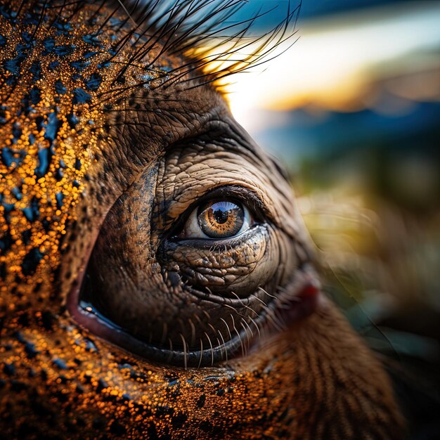 a close up of a horses eye with the sun shining on it