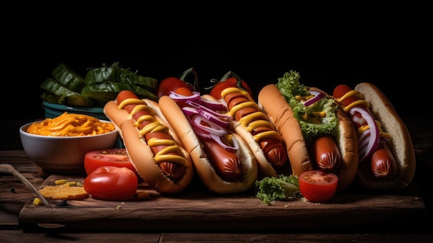 Close-up hotdog met volledige ingrediënten en mayonaise op houten plaat en onscherpe achtergrond