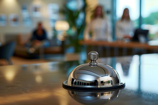 Close up of a hotel service bell on a reception desk with two female staff members in the background