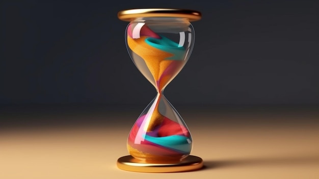 A close up of a hourglass with colored sand on a table generative ai