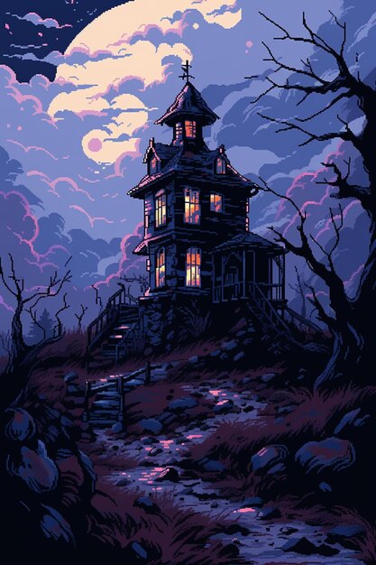 A close up of a house on a hill with a full moon in the background generative ai