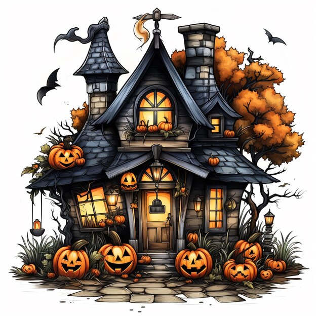 a close up of a house with pumpkins and bats on the front generative ai