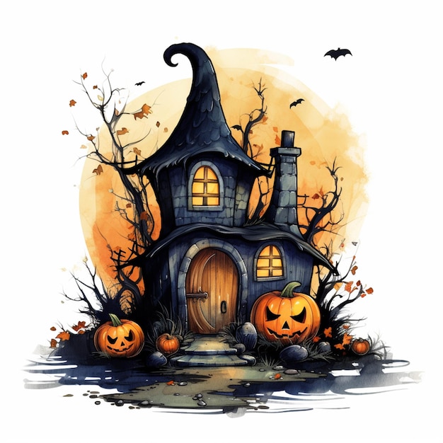 A close up of a house with pumpkins and bats on the ground generative ai