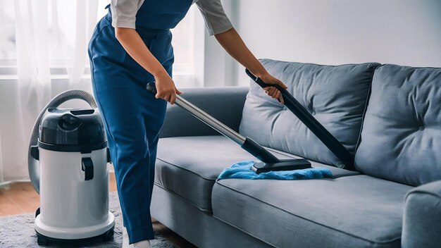 Photo close up of housekeeper holding modern washing vacuum cleaner and cleaning dirty sofa with professi