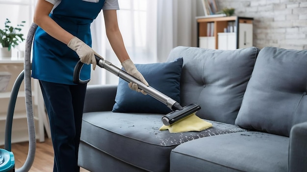 Close up of housekeeper holding modern washing vacuum cleaner and cleaning dirty sofa with professi