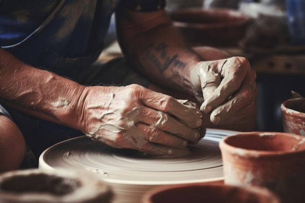 Foto vicino braccia umane palme irriconoscibili maschio femmina padrone di ceramica mani scolpire vaso vaso