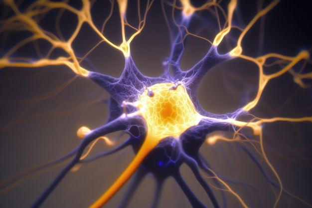 Крупный план человеческого мозга, показывающий возбуждение нейронов и отростки нейронов Лимбическая система Маммиллярный гипофиз миндалевидное тело Таламус поясная извилина Мозолистое тело Гипоталамус Генеративный ИИ