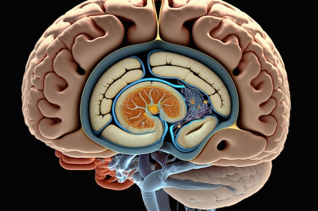 Photo close up of human brain showing neurons firing and neural extensions limbic system mammillary pituitary gland amygdala thalamus cingulate gyrus corpus callosum hypothalamus generative ai