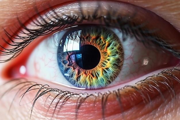 A close up of a human eye with a black and yellow eye