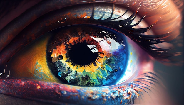 A close up of a human eye with the colors of the rainbow.