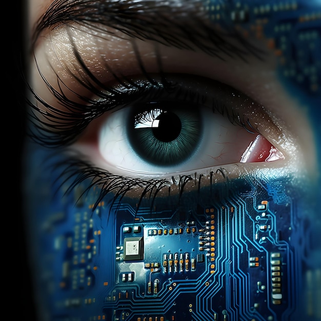 Крупный план человеческого глаза с логотипом компьютера.