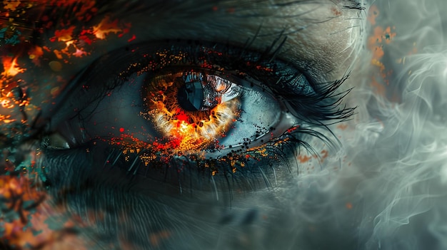 a close up of a human eye with the fire in it