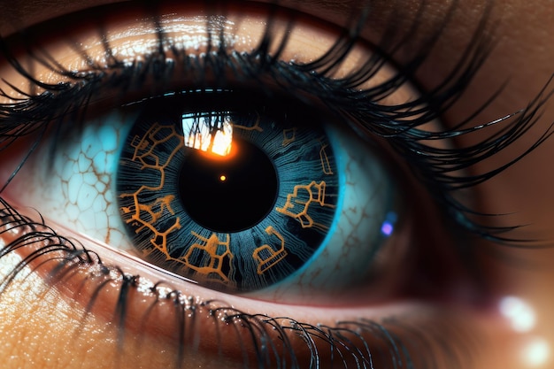 Close up of human eye with glowing iris 3D rendering A laser vision correction image closeup AI Generated