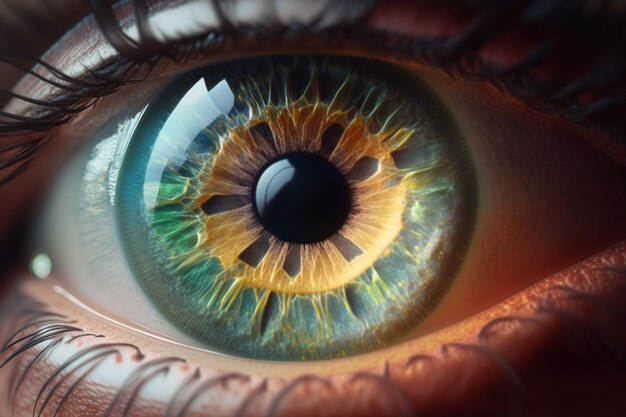 A close up of a human eye with a green and brown pupil