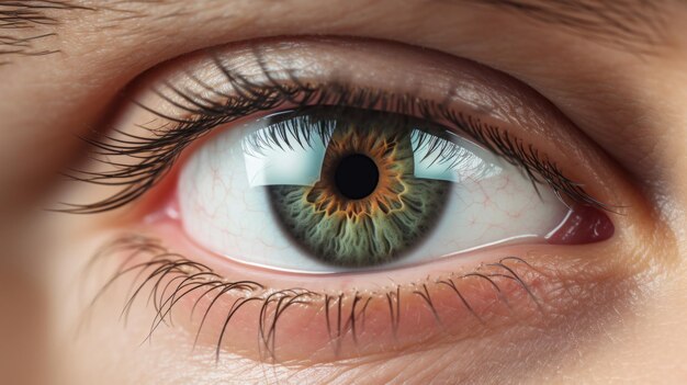 A close up of a human eye with a green eye and a red eye.