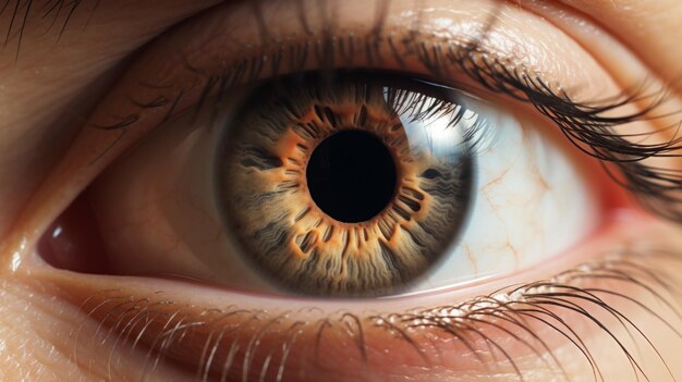 A close up of a human eye with a reflection of the word on it