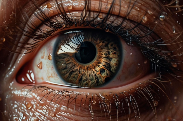 A close up of a human eye with a tear on the eye.