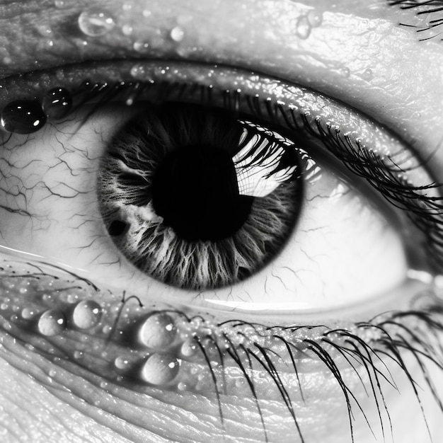 A close up of a human eye with water drops on it