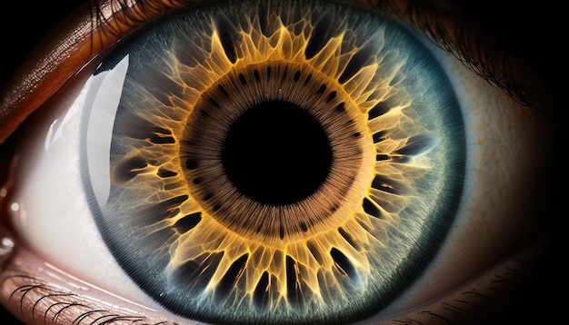 A close up of a human eye with a yellow pupil