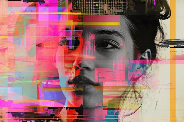 Photo close up human face with emotionless expression and neon glitch effect aigx