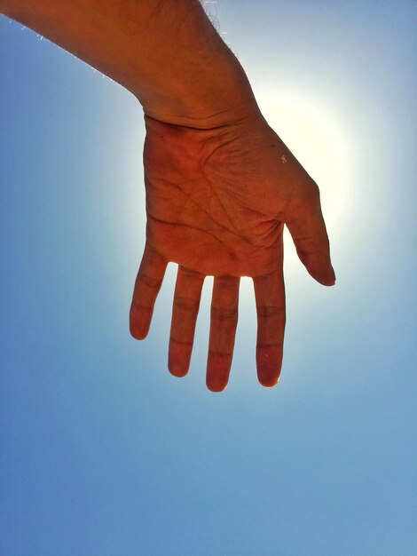 Close-up of human hand against clear sky