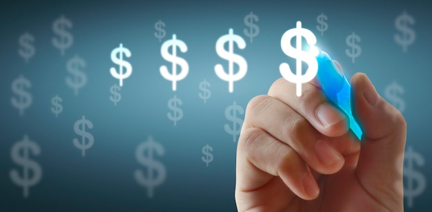 close up human hand drawing money icon