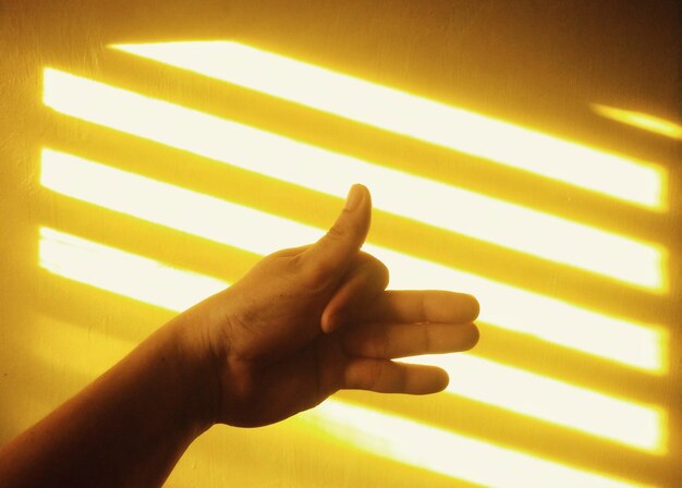 Photo close-up of human hand on illuminated wall