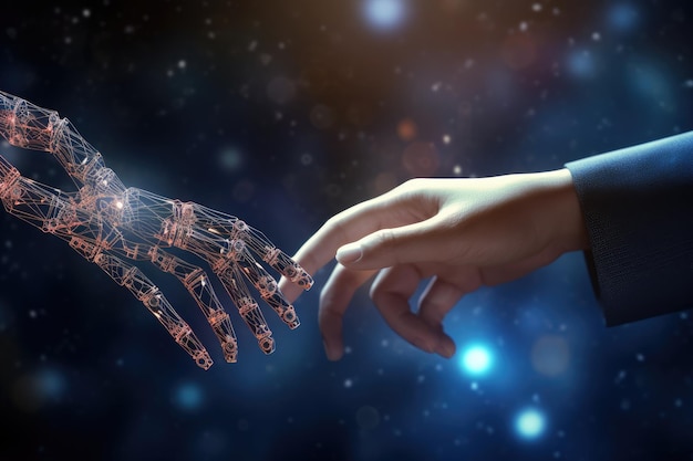 Крупным планом прикосновение человеческой руки пальцем к руке робота 3D-рендеринг AI Машинное обучение Руки робота и человеческое прикосновение Сгенерировано AI