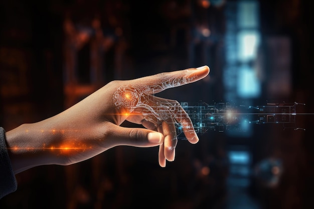 Крупным планом прикосновение человеческой руки пальцем к виртуальной панели 3d-рендеринг Крупный план рукопожатия в офисе Сгенерировано AI
