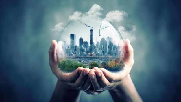 Close up of human hands holding glass sphere with modern city in it