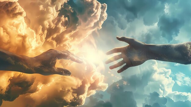 Close up of human hands reaching out to each other with dramatic sky background Generative AI