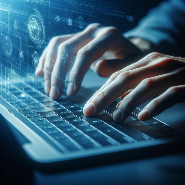 Photo close up of human hands typing on computer keyboard internet and technology concept