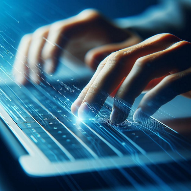 Foto close-up di mani umane che digitano sulla tastiera del computer internet e concetto tecnologico