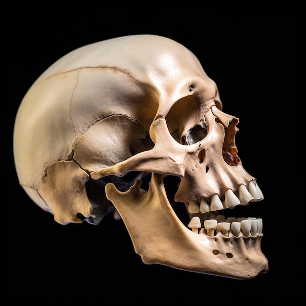 A close up of a human skull on a black background generative ai image