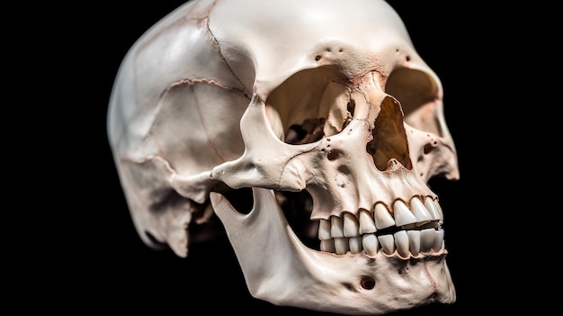 A close up of a human skull on a black background generative ai image