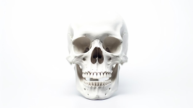 A close up of a human skull on a white surface generative ai image