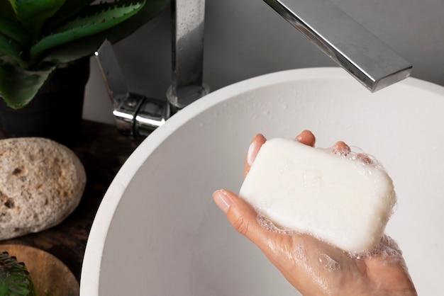 Photo close up on hygienic hand washing