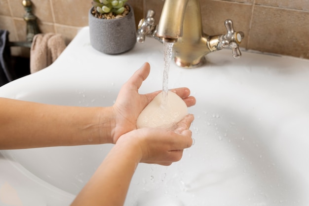 Close up on hygienic hand washing