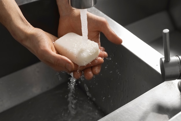 Photo close up on hygienic hand washing