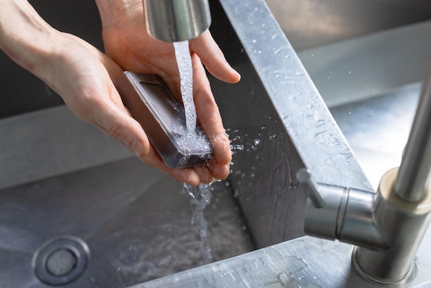 Close up on hygienic hand washing