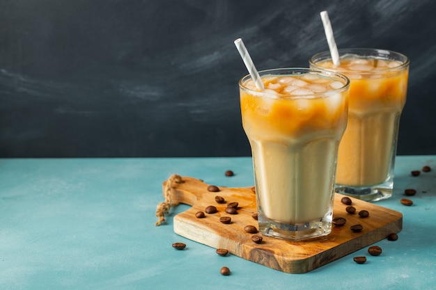 Close-up of ice coffee in glasses