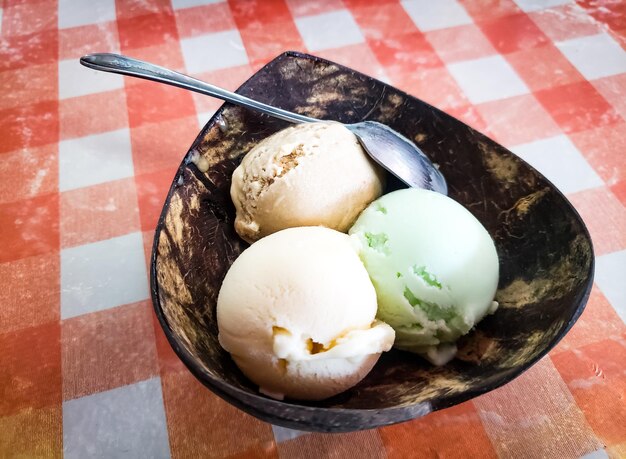 Close-up of ice cream in bowl on table