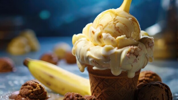 Photo a close up of a ice cream cone with a banana stick in the background